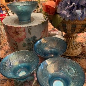 “4” Roscher & Co Paisley Pattern Aqua Blue Frosted Pedestal Glass Dessert Bowls.